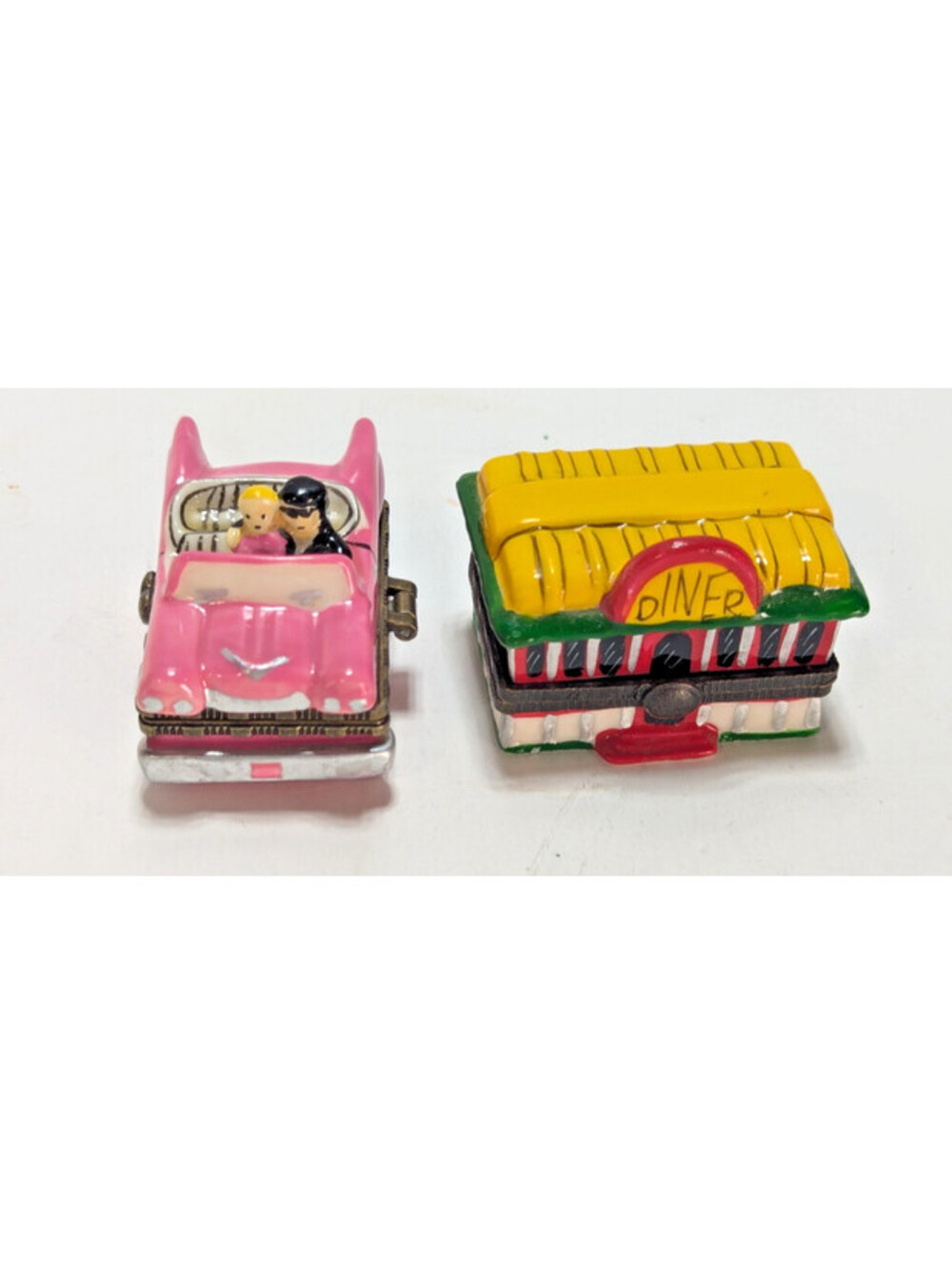 Vtg '50s Style Pink Car & Diner Trinket Box Hanging Dice Kitsch Ceramic Glaze